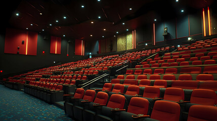 Naklejka premium Empty Modern Movie Theater Auditorium With Red Seats