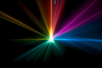 Colorful light rays emanate toward the center of an image, creating a captivating visual effect ideal for digital art, backgrounds, or design needs, Abstract Big Data, Fiber Optic Light Painting 
