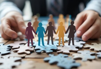 Figuras recortadas de papel colocadas sobre piezas de rompecabezas representando la colaboración y el trabajo en equipo