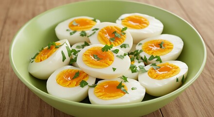 A green bowl filled with halved hard boiled eggs topped with fresh parsley on a wood table top
