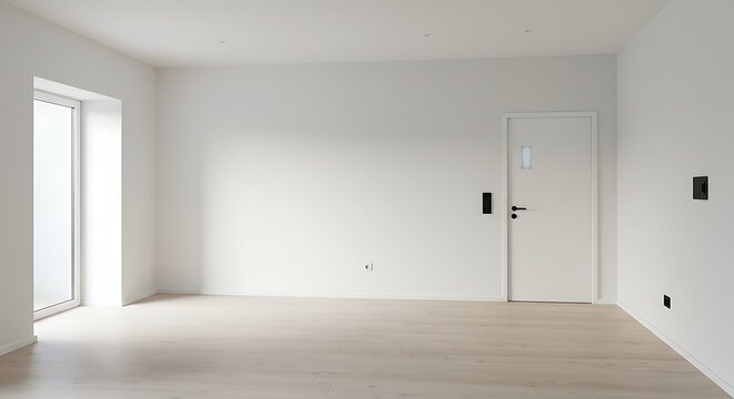 Minimalist pristine room featuring natural light, white walls, and modern finishes