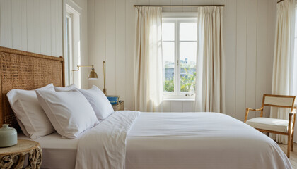 Modern interior design architecture photography: Sunlight streams into a serene bedroom, illuminating a neatly made white bed with a woven headboard and draped linen curtains.
