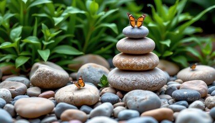 A creative arrangement of stacked stones with tiny butterflies perched on them, surrounded by lush greenery.
