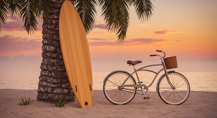 A classic surfboard leans against a palm tree next to a bicycle on a sandy beach, bathed in the warm glow of a tropical sunset.