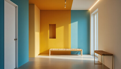 Fototapeta premium Modern interior design architecture photography: A modern hallway features bold geometric color blocking with a bench and recessed niche, creating a vibrant and minimalist interior space.