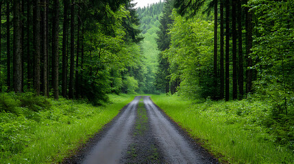 Fototapeta premium Forest Road Path Through Lush Green Woods