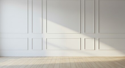 Fototapeta premium Minimalist interior with white panel wall and wooden floor bathed in sunlight