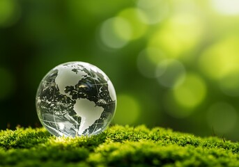 Crystal Earth globe on lush moss with blurred green background. Symbol of nature and sustainability.