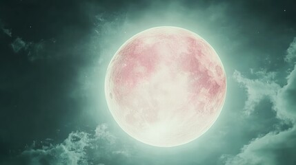 A large pink moon shining brightly behind dark cloudy skies