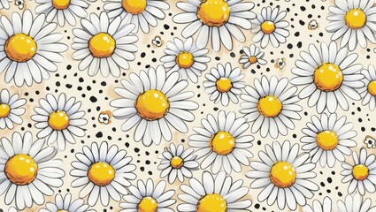 Obraz premium Vibrant Daisy Flower Pattern White Petals Yellow Centers Beige Background Seamless Repeat Design