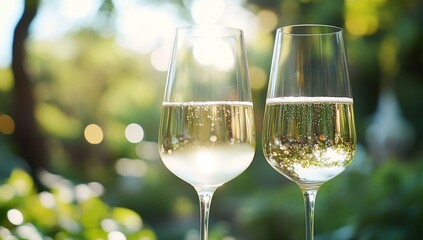 Two champagne flutes outdoors, sunny day, blurred background, celebratory drink