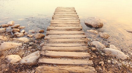 Fototapeta premium Long wooden pier extending into calm water du sunrise with rocks and pebbles along the shoreline creating a tranquil and peaceful coastal scene