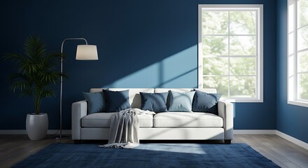 Contemporary interior with white couch, blue accents, and sunlight streaming through windows