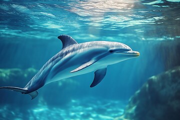 Fototapeta premium Swimming Dolphin In Blue Underwater Environment Illuminated By Sunlight