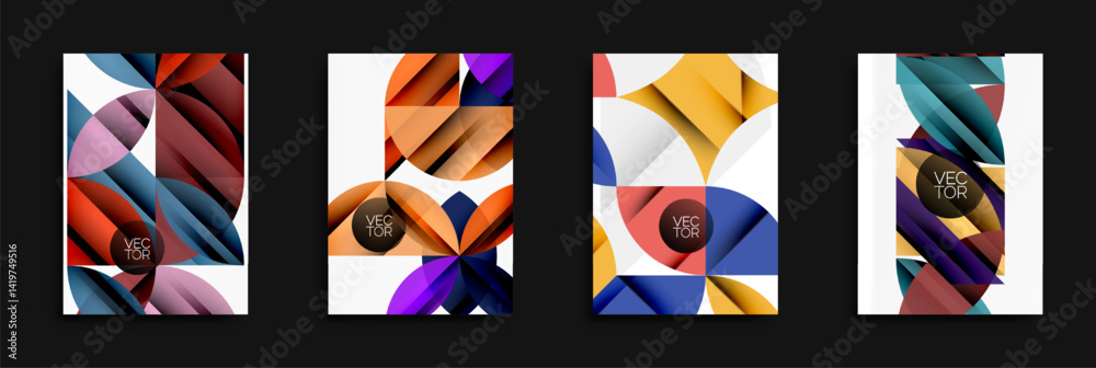 Fototapete Four abstract geometric designs. Circles, triangles, squares overlap creating colorful patterns. Modern vector illustrations for backgrounds.
