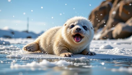 A fluffy baby seal joyfully sliding on ice, with sparkling snowflakes falling around it under a bright blue sky.