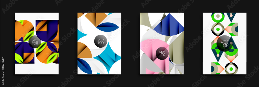 Aufkleber Four abstract vector designs. Geometric shapes overlap, creating vibrant compositions. Each features circular text element.