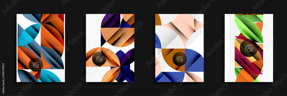 Aufkleber Abstract geometric designs. Bright colors, shapes overlap creating modern visuals. Vector illustrations suitable for backgrounds.
