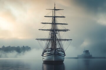 Tall Sailing Ship Sailing The Sea During A Misty And Overcast Morning