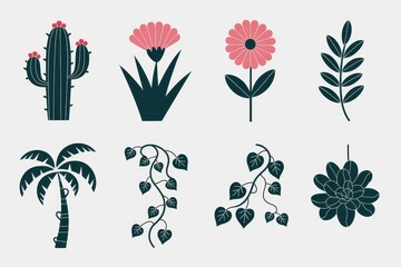 Colorful botanical silhouettes of various plant types.
