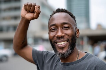 Fototapeta premium A confident man with a beard and warm smile raises his fist in camaraderie at a lively street event, radiating positivity and interconnectedness within the community.