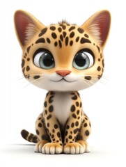 Adorable Cartoon Savannah Kitten,Big Eyes,Sitting,Sweet Expression,Soft Fur,White Background