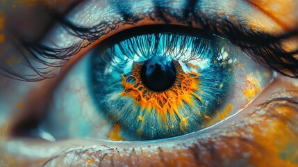 A close-up of a vibrant eye showcasing intricate patterns and colors, blending blue, orange, and hints of yellow, emphasizing the beauty of the human iris.