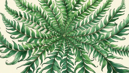 Lush Green Fern Fronds Detailed Botanical Illustration Nature Pattern Radial Symmetry Plant