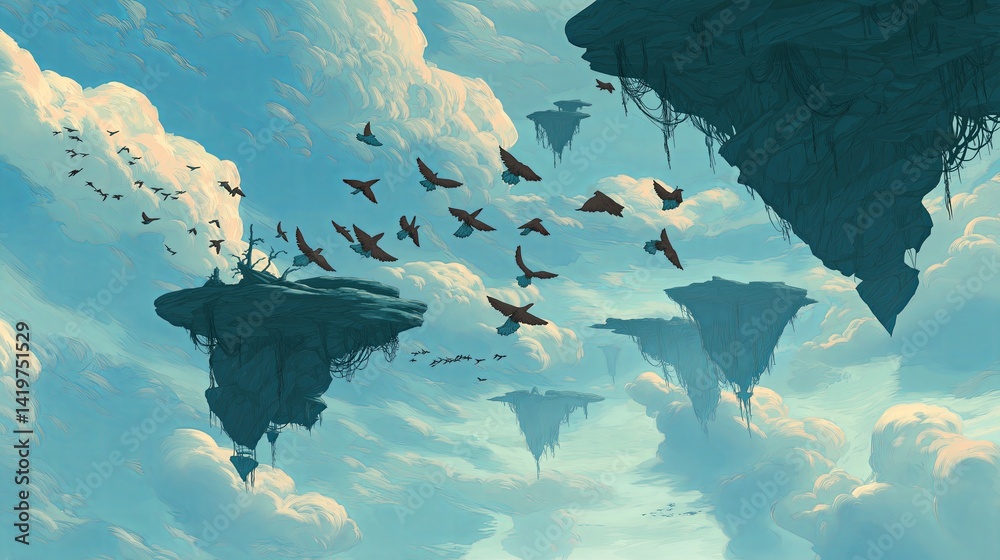 Poster birds in a dreamscape flying between floating islands