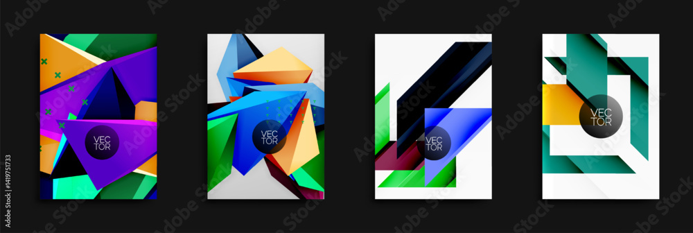 Fototapete Abstract geometric designs. Bright colors, sharp angles, overlapping shapes create dynamic compositions. Modern vector illustrations.