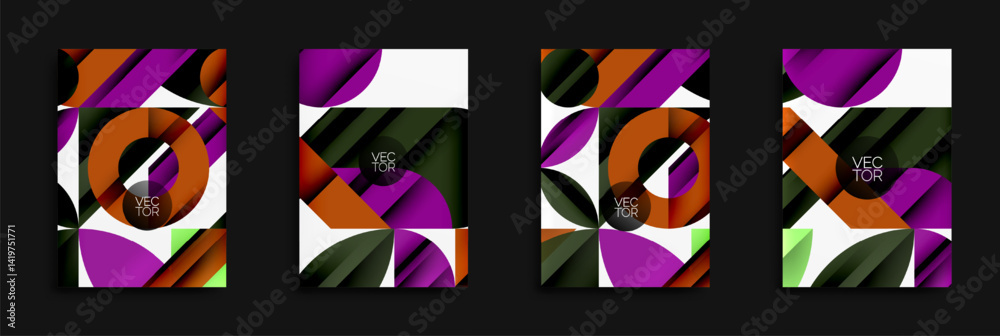 Aufkleber abstract geometric designs. vibrant colors, layered shapes create modern visual impact. vector illus