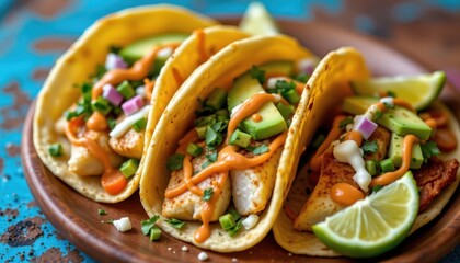 A stunning arrangement of fish tacos garnished with fresh lime, avocado, and a drizzle of sauce, set against a bright background.