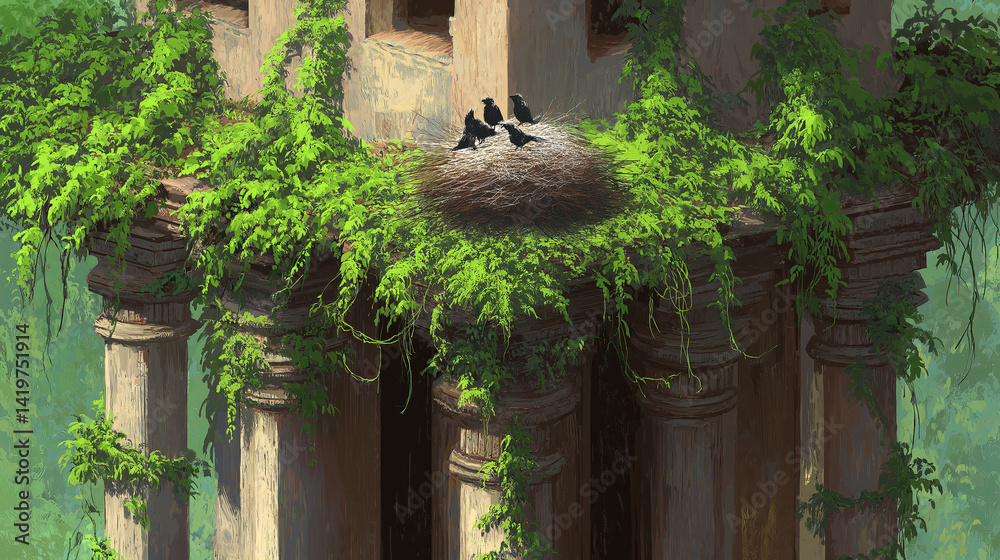 Poster birds nesting in an ancient temple ruin surrounded by vines