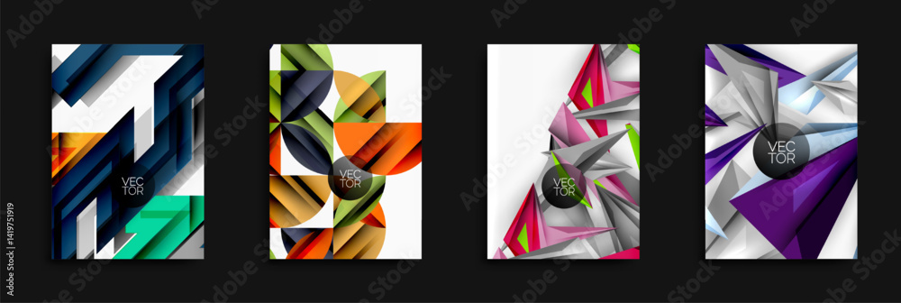 Poster abstract geometric designs. bright colors, layered shapes, modern vector illustrations. clean compos
