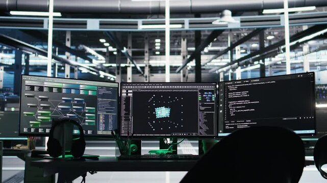 Visual programming systems in data center tracking system integrity and infrastructure performance. PC screens in server hub displaying node tree programming detecting equipment issues