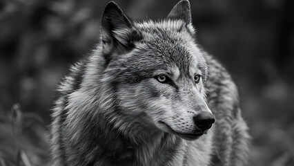 a close-up portrait of wolf black and white showing incredible detail, against a natural backdrop of lush vegetation - 13