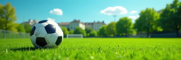 Fototapeta premium Aged monochrome football, vibrant green lawn, clear blue sky , outdoor, grass, image