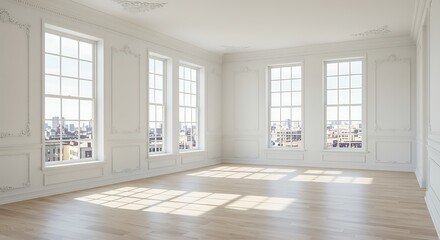 Obraz premium Bright, spacious, and elegant room interior featuring classic architectural design