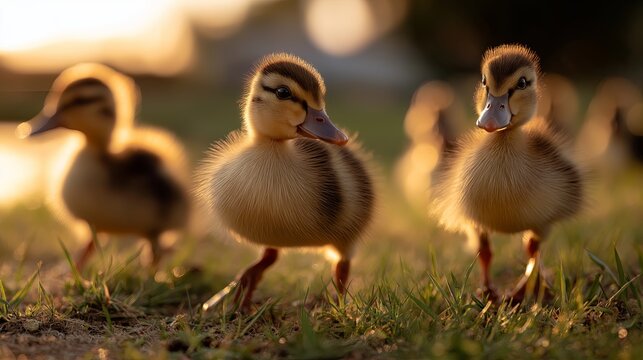 Cute baby ducklings walking on soft grass with warm lighting
