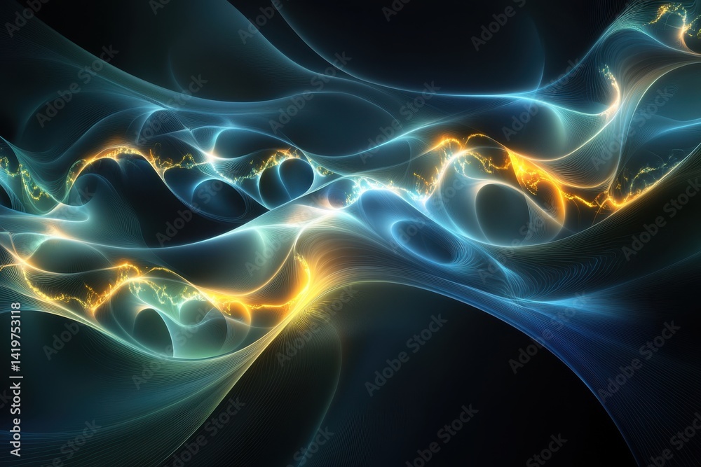 Poster intricate patterns of blue and gold light create a mesmerizing abstract design in motion