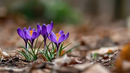 Purple Crocuses Herald Early Spring in the Forest