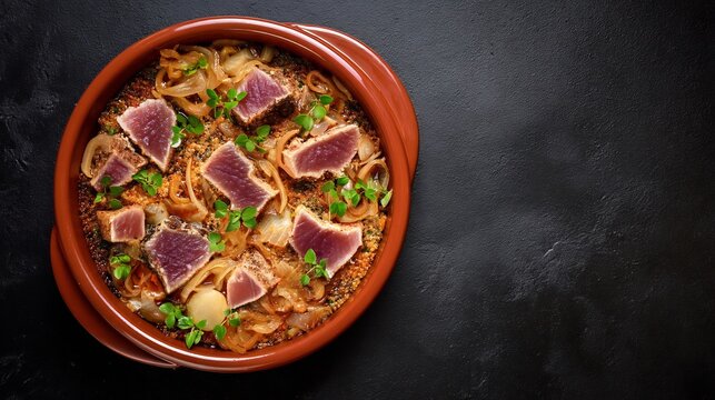Spain dinner dish atun encebollado tuna cooked caramelized onions served in shallow ceramic dish traditional food from Andalusia top down view on dark background for dramatic effect
