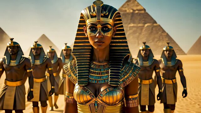 Egyptian queen walking with royal guards in desert near pyramids at sunset