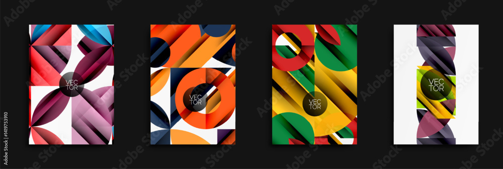 Poster Abstract geometric designs. Bright colors, layered shapes create dynamic visual patterns. Modern vector illustrations for backgrounds.