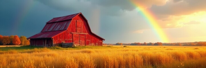 Naklejka premium Charming barn nestled in golden field, vibrant fall rainbow overhead , sunset, architecture