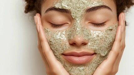 Close-up of a woman with a green facial mask.