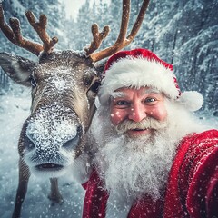 Santa Claus Taking Selfie with Reindeer in Snowy Forest