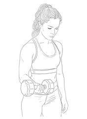 Black and white vector line drawing of a fit woman lifting a dumbbell in a bicep curl position. Captures focus, form, and strength. Perfect for gym branding, workout programs, wellness blogs, fitness 