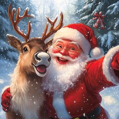 Santa Claus Taking Selfie with Reindeer in Snowy Forest