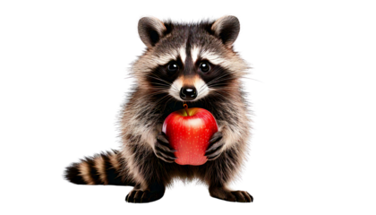 A mischievous little raccoon standing on two feet, holding a shiny apple in its paws